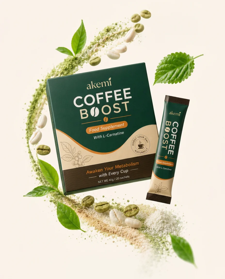 Akemi Coffee Boost sachet and box surrounded by green tea leaves, coffee beans and plant ingredients